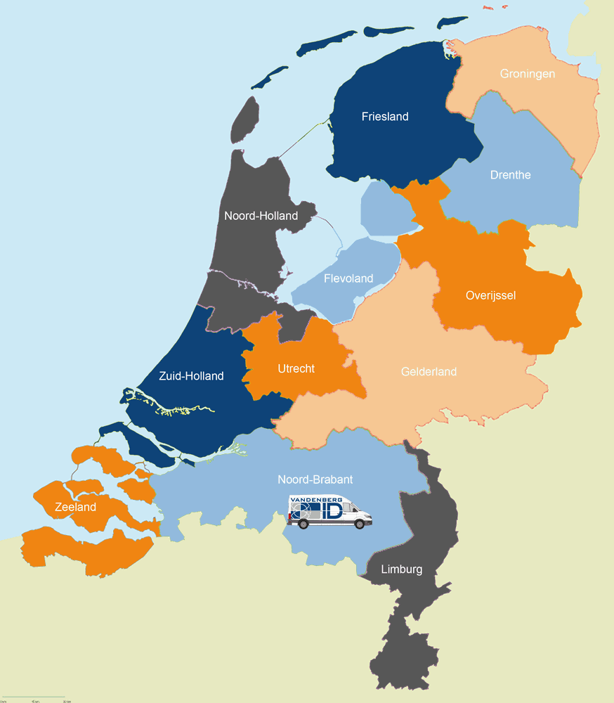 kaart van nederland in de kleuren blauw oranje grijs tinten. Studiowagen van vandenberg-id die over de hele klaart van nederland rijdt.