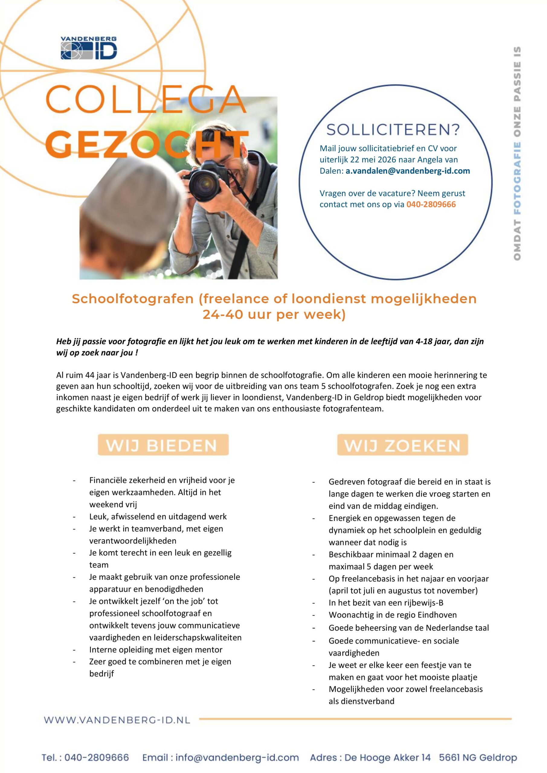 Vacature voor schoolfotograaf bij vandenberg-id