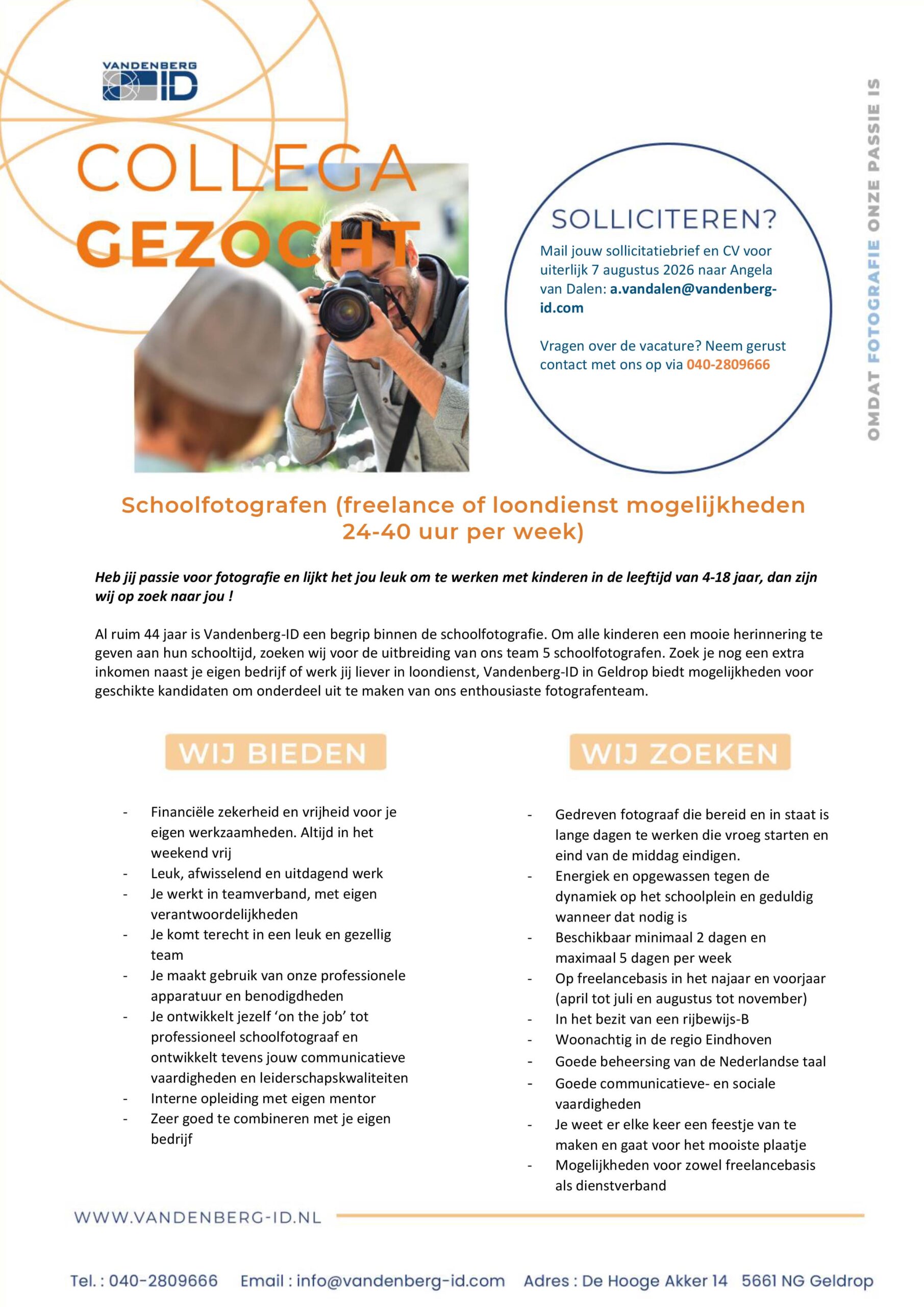 Vacature voor schoolfotograaf bij vandenberg-id